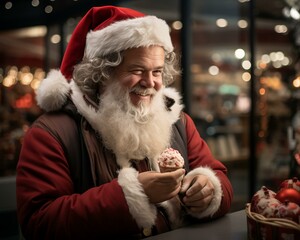 Santa Claus with food. Christmas holiday. Magical realistic close-up view. For poster-card and advertising. Creative illustration