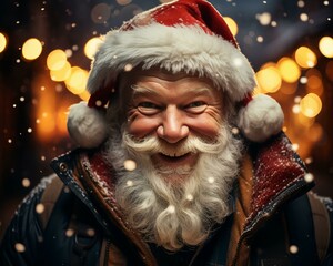 Santa Claus smiling . Christmas holiday. Magical realistic close-up view. For poster postcard and advertisement. Creative illustration