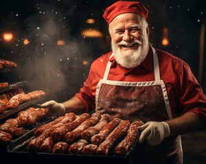 Santa Claus with food. Christmas holiday. Magical realistic close-up view. For poster-card and advertising. Creative illustration