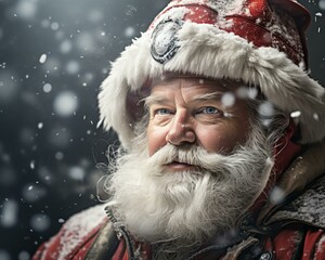 Santa Claus smiling in the mood. Christmas holiday. Magical realistic close-up view. For poster postcard and advertisement. Creative illustration