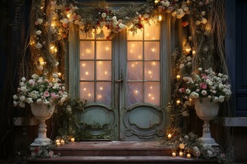 A door decorated with flowers, candles, and curtain, with lights and a window in the background. Generative AI