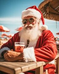 Santa Claus with food. Christmas holiday. Magical realistic close-up view. For poster-card and advertising. Creative illustration