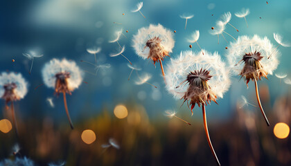 Fantastic landscape with white flying dandelions. Light and airy flowers on wallpaper