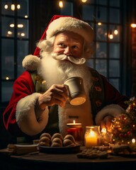 Santa Claus with food. Christmas holiday. Magical realistic close-up view. For poster-card and advertising. Creative illustration