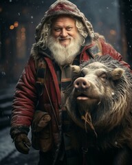 Santa Claus with animals. Christmas holiday. Magical realistic close-up view. For poster-card and advertising. Creative illustration