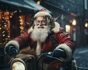 Santa Claus delivery . Christmas holiday. Magical realistic close-up view. For postcard poster and advertising. Creative illustration