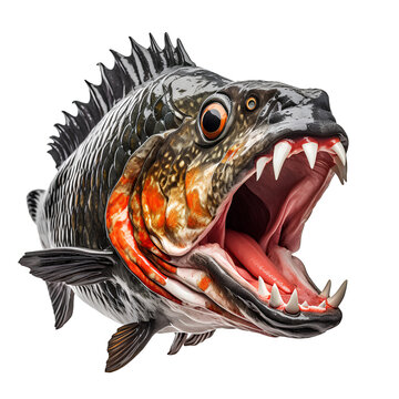Aggressive fish make sharp trips on transparent background. PMG. Dangerous aquatic animal concept.