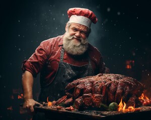 Santa Claus with food. Christmas holiday. Magical realistic close-up view. For poster-card and advertising. Creative illustration