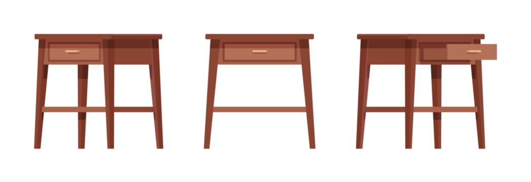 Nightstand natural brown set, bedside table with sliding drawer. Bedroom storage, living room and bedchamber item. Vector flat style cartoon home, office furniture objects isolated on white background