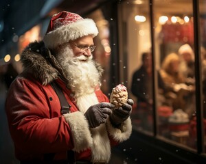 Santa Claus with food. Christmas holiday. Magical realistic close-up view. For poster-card and advertising. Creative illustration