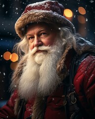 Santa Claus smiling in the mood. Christmas holiday. Magical realistic close-up view. For poster-card and advertising. Creative illustration