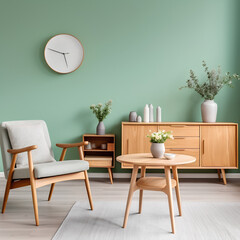 Mint color chairs at round wooden dining table in room with sofa and cabinet near green wall. Scandinavian, mid-century home interior design of modern living room, Generative AI