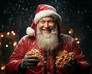 Santa Claus with food. Christmas holiday. Magical realistic close-up view. For poster-card and advertising. Creative illustration