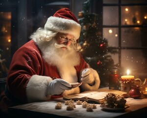 Santa Claus smiling in the mood. Christmas holiday. Magical realistic close-up view. For poster-card and advertising. Creative illustration