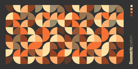 Geometric trendy pattern, Bauhaus style. Modern colorful background with simple elements. Retro texture with basic geometric shapes. Print design, minimalist poster cover. Vector illustration