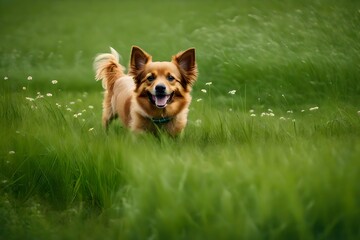 A little dog happily rolling around in a grassy field