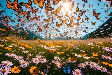 A kaleidoscope of butterflies fluttering among a sea of colorful blossoms