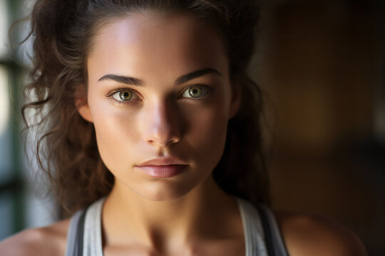 Close-up Shot of a Beautiful Athletic Woman Looks into Camera. She's Tired after Intensive Cross Fitness Exercise Generative AI