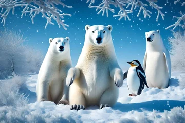Fototapeten A snowy winter wonderland into a whimsical scene with playful polar bears and penguins © Muhammad