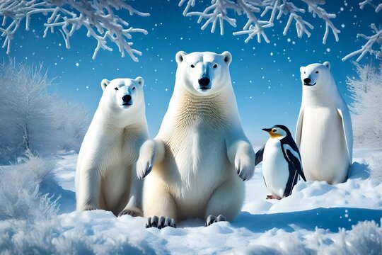 A snowy winter wonderland into a whimsical scene with playful polar bears and penguins