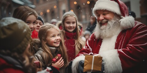 Fototapeta premium Cheerful little girl holding gift box and looking at Santa Claus