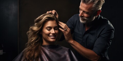 hairdresser cutting hair of beautiful woman in salon