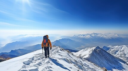 Naklejka na ściany i meble Hiker on top of a snowy mountain