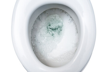 Toilet bowl is flushed with several liters of drinking water, waste of environmental resources in...