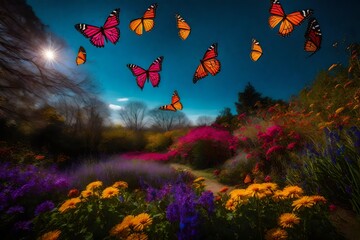 Fototapeta na wymiar A vibrant butterfly garden into a dance of colors and shapes in the sky