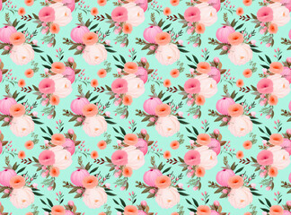 Seamless pattern with pink roses and flowers