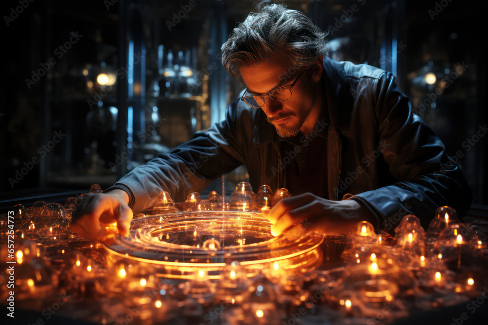 Aufkleber a quantum physicist conducting a double-slit experiment, exploring the wave-particle duality of quan