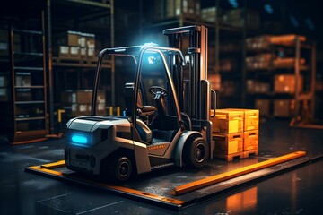 Forklift truck powered by electric charging station. Generative AI - obrazy, fototapety, plakaty