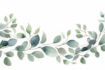 Watercolor illustration of eucalyptus leaves border, isolated on white. Ideal for stationery design and wedding invitation. Generative AI
