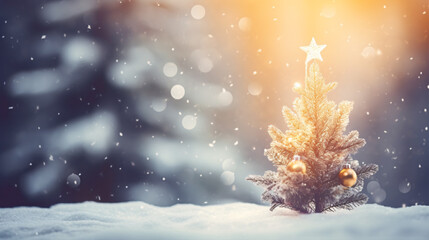 Obraz na płótnie Canvas A festive Christmas tree in a vintage hue, illuminated by dazzling snowflakes, celebrates the holidays.