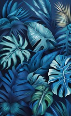 Mural for the walls. Photo wallpapers for the room. Tropical leaves on a blue background in the grunge style, Generative AI