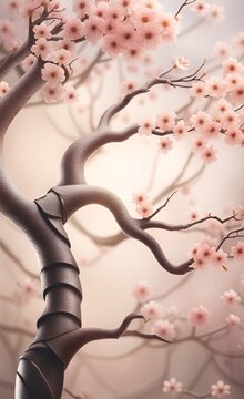 Tree and branches on the old vintage background. Sakura flowers. Floral background in loft, modern style. Design for wall mural, card, postcard, wallpaper, photo, Generative AI