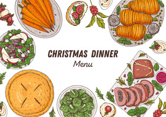 Christmas food. Christmas dinner. Holiday menu. Food design template. Food and drink set. Hand drawn design template.