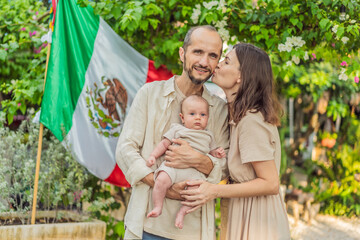 Immigrant family in front of the Mexican flag. New Mexicans. Childbirth in Mexico