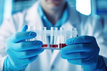 Doctor, scientist hand holding test tube with blood in laboratory on blurred background.