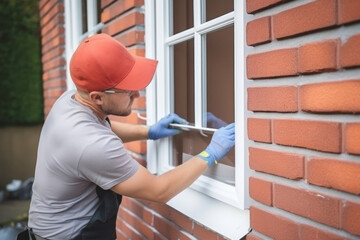 a professional worker installing a new aluminum window in a house with red bricks