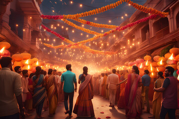 Fototapeta premium Diwali celebrations on colorful streets of India by cheerful people. Indian Hindu family together celebrating Diwali. Best Generative AI Art.