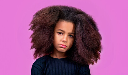Sad offended american girl cries. Little unhappy afro girl. Alone and scared, sad depressed...