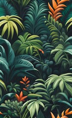 Painted tropical bushes. Seamless horizontal potter. For large format printing, Generative AI