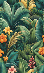 Fototapeta premium Seamless pattern with flowers and trees, forest wallpaper design, jungle background, vintage, banana trees, back yard, garden wallpaper, mural art, Generative AI