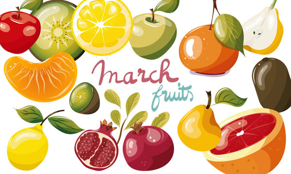 Ensemble De Fruits De Saison Du Mois De Mars. Illustration Vectorielle. Graphic Design éléments. Fruits Pour Clipart Ou Pour Illustrations. 