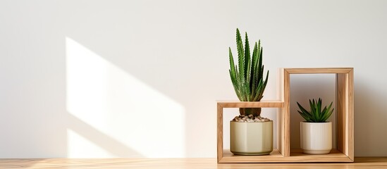 A visually appealing arrangement with wooden cube shelves a cactus and a glass vase With copyspace for text