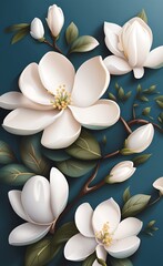 Fototapeta na wymiar Design for mural, wallpaper, photo wallpaper, card, postcard. Floral background. Magnolia, jasmine flowers illustration, Generative AI