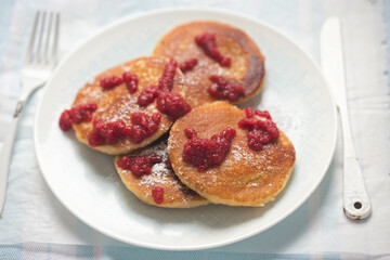 Breakfast pancakes with raspberry sauce  - 657258595