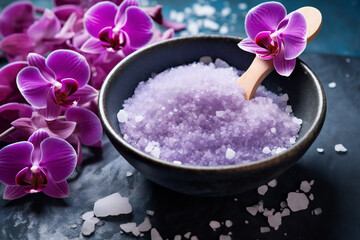 Obraz na płótnie Canvas Bowl with water and purple orchid flowers on dark background with shovel of sea salt. Spa, wellness or body care concept Generative AI