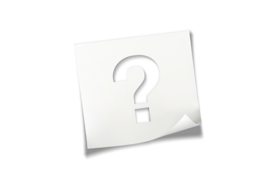 Note paper with question mark on transparent or white background